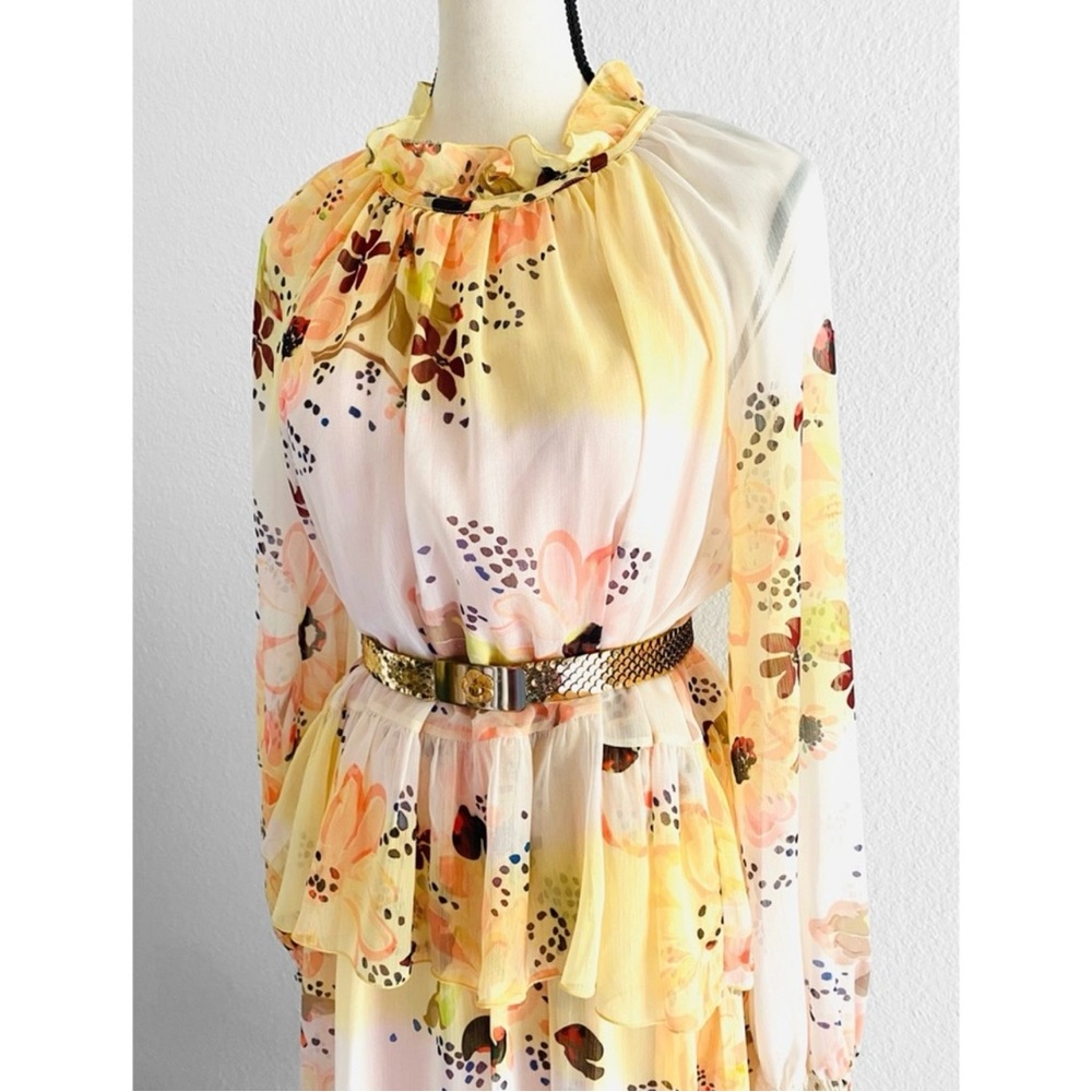 SEE BY CHLOE Tiered Floral-print Long Sleeve Georgette Yellow Dress Size 6/IT 38 - Picture 5 of 12